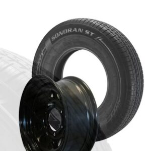 Assembly, ST225/75R15" Sonoran Radial, Load Range E, 15" Steel Modular Black Paint Gloss Single Wheel, 6 on 5.5" Bolt Pattern, Zero Offset